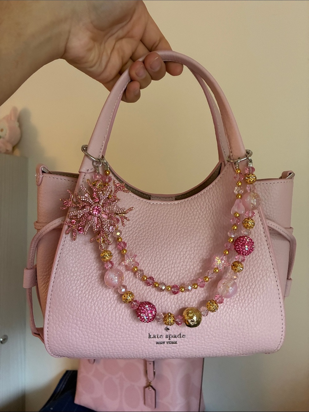 Pink Crystal Snowflake Charm Statement Bag Chain